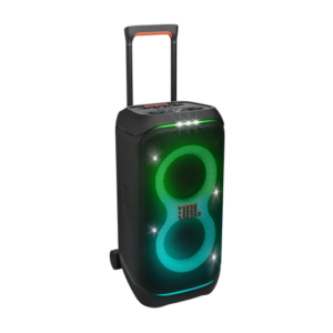 JBL PartyBox Stage 320 speaker with light show, telescopic handle, and wheels, black with orange accents.