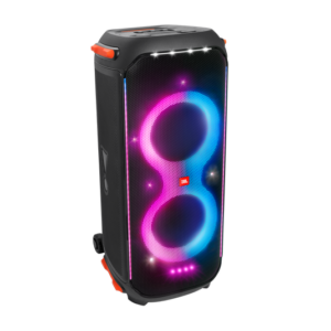A front view of the JBL PartyBox 710 speaker with its LED light show activated, displaying vibrant colors